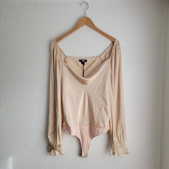 PAIGE Tops - Paige Andreya Bodysuit Satin Ecru Long Sleeve Cowl Neck Snap Bottom Blouse